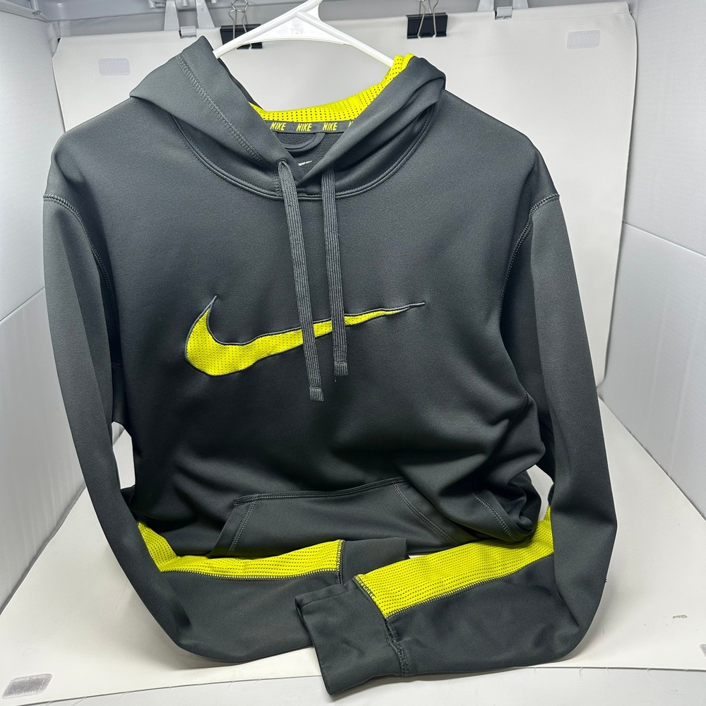 Nike Hoodie Men S Gray Therma-FIT Pullover Neon Yellow Swoosh Logo Sweatshirt